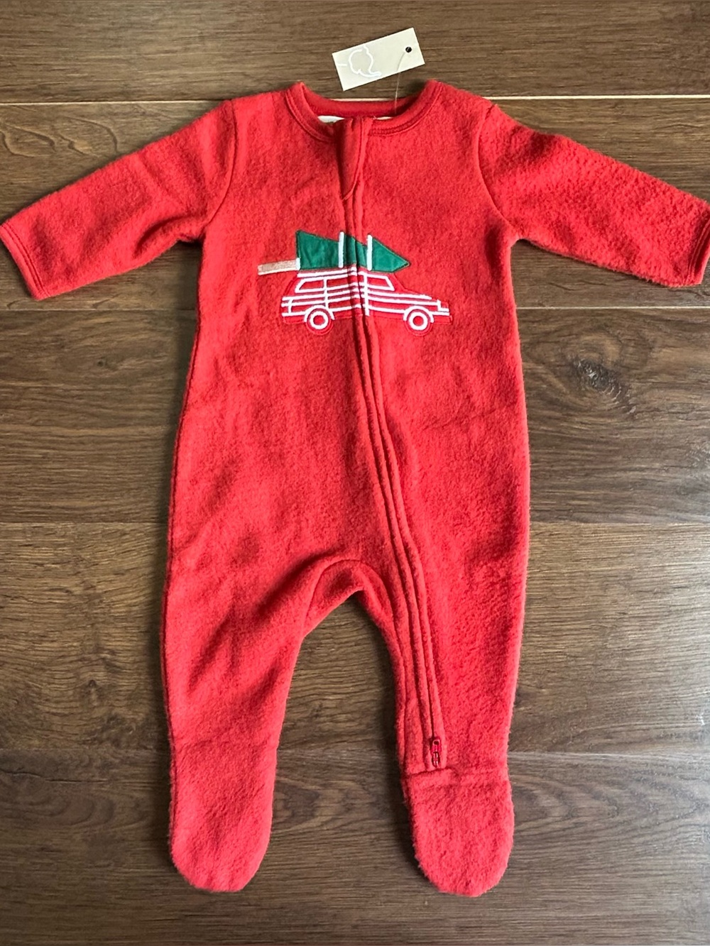 Monica + Andy Red Fleece Christmas Tree Haul Footie 0-3m